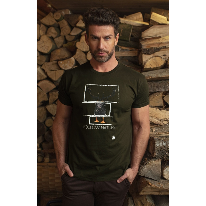 T-shirt bawełniany męski FNT Duck w kolorze ciemnozielonym z nadrukiem